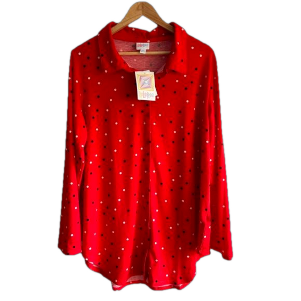 LULAROE Valentina Button down Stretchy Red Polka Dot Top size X-large